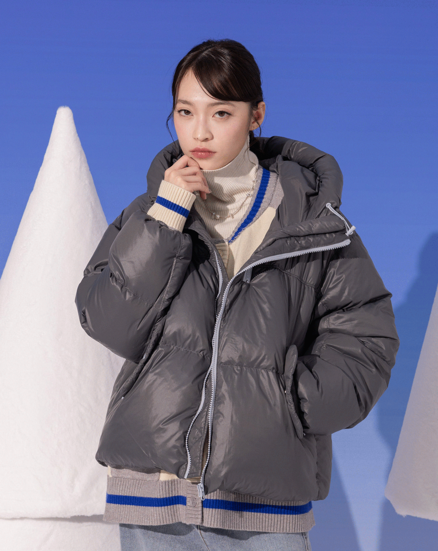 防風升級跳色拉鍊連帽羽絨外套(兩色)