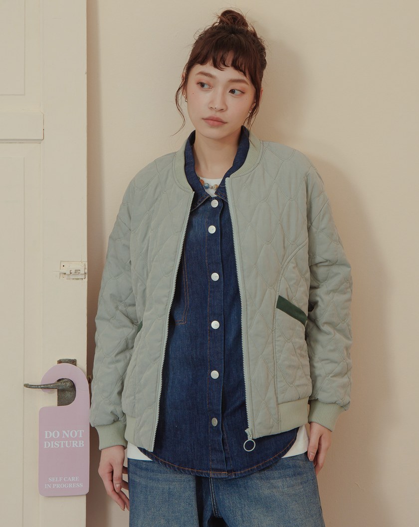 口袋配色菱格壓紋鋪棉外套(三色)