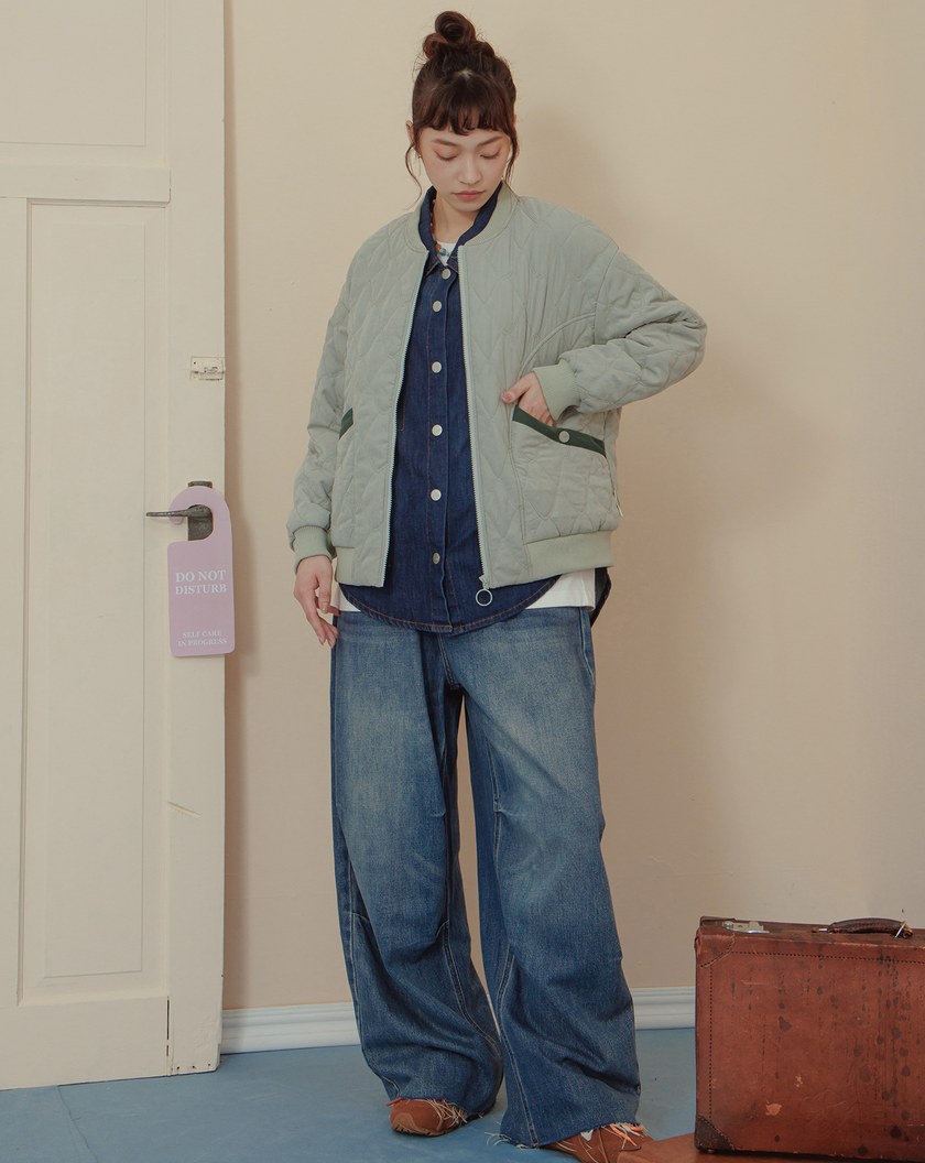 口袋配色菱格壓紋鋪棉外套(三色)