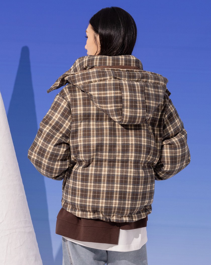 復古格紋可拆式連帽鋪棉外套