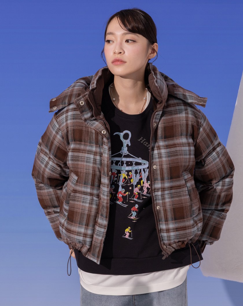 暮棕格紋可拆式連帽鋪棉外套