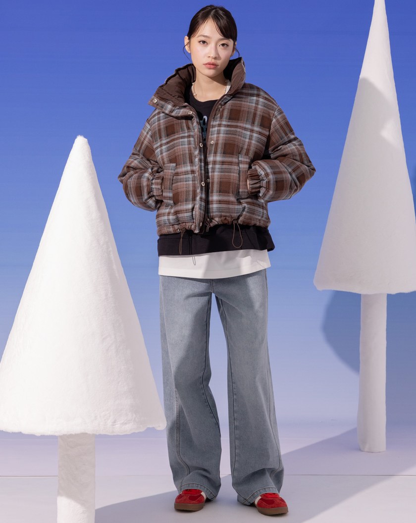 暮棕格紋可拆式連帽鋪棉外套