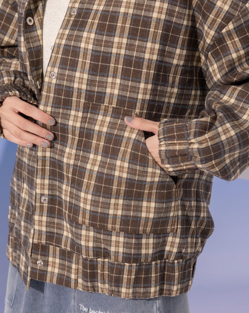 磨毛感復古格紋棒球領鋪棉外套