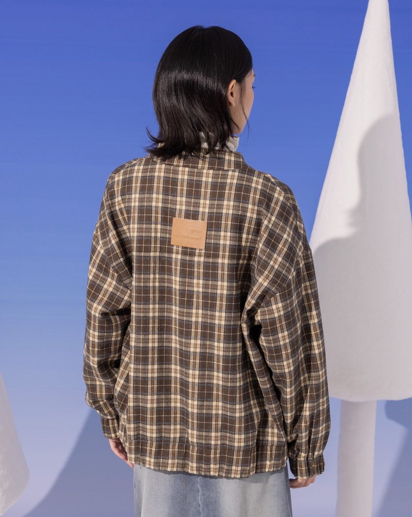 磨毛感復古格紋棒球領鋪棉外套