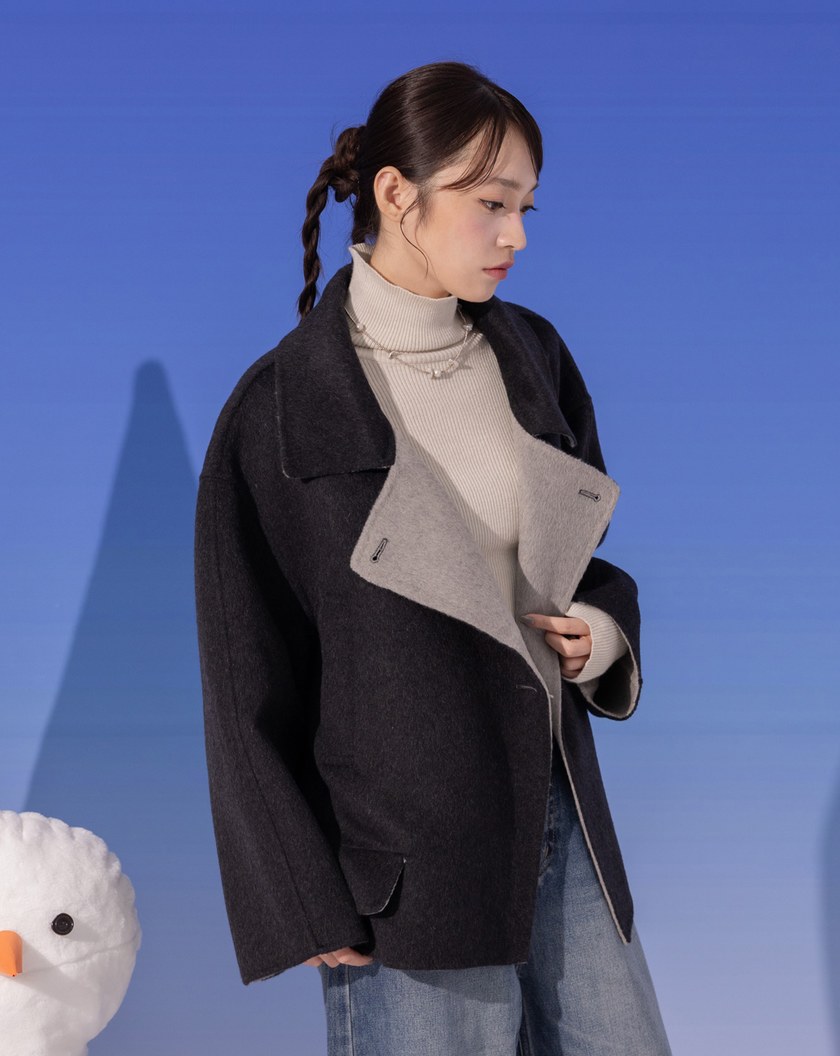 ➤羊毛雙色大翻領連帽外套(兩色)