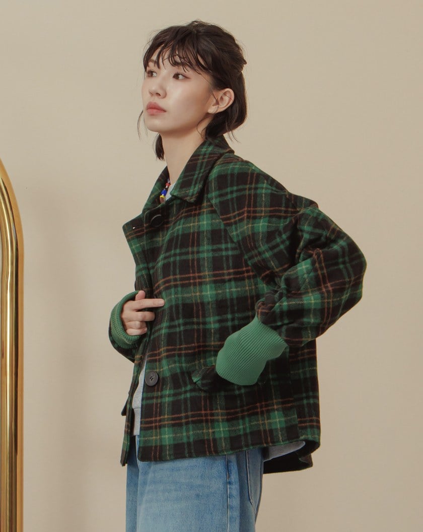 ➤羅紋袖口格紋磨毛格紋短版大衣