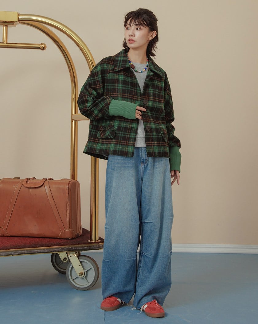 ➤羅紋袖口格紋磨毛格紋短版大衣