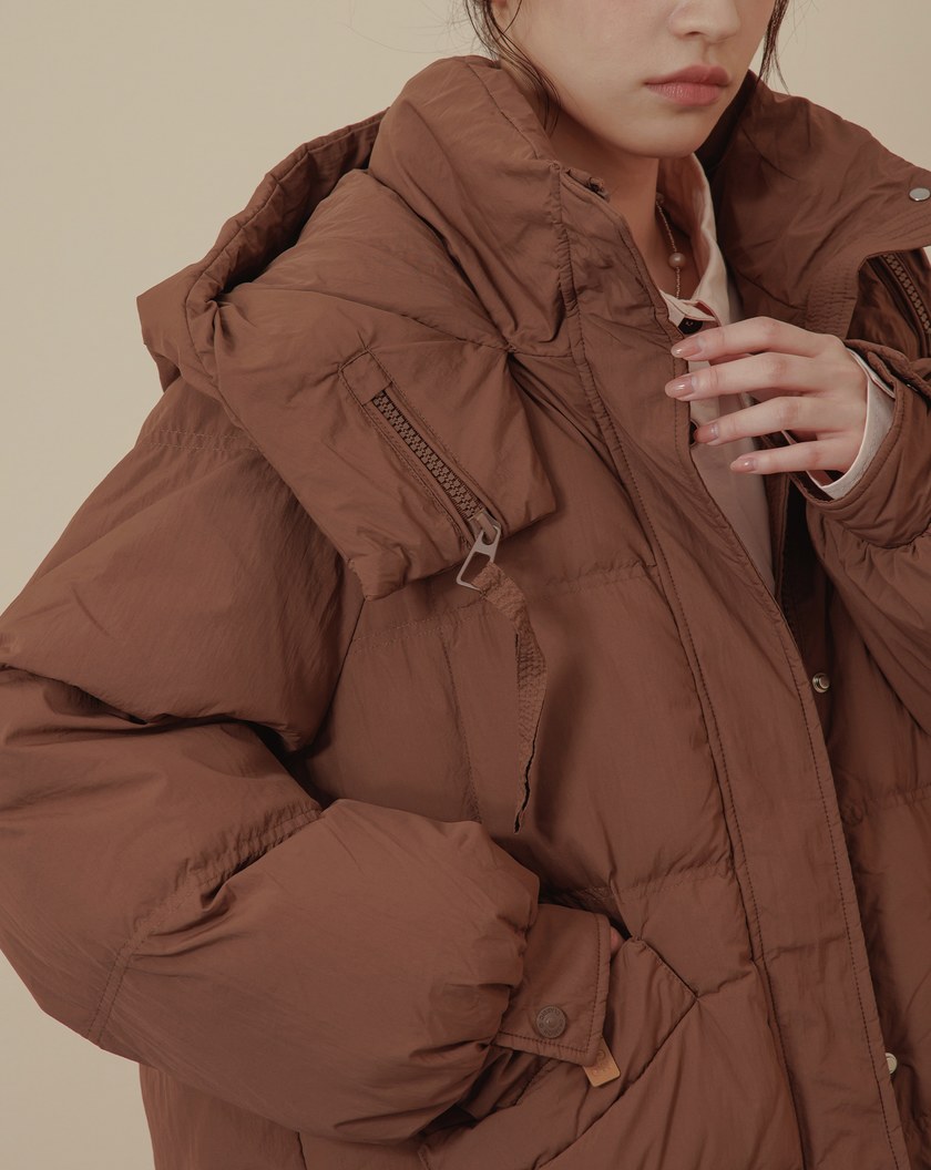 ➤造型拉鍊裝飾連帽長版羽絨外套(兩色)