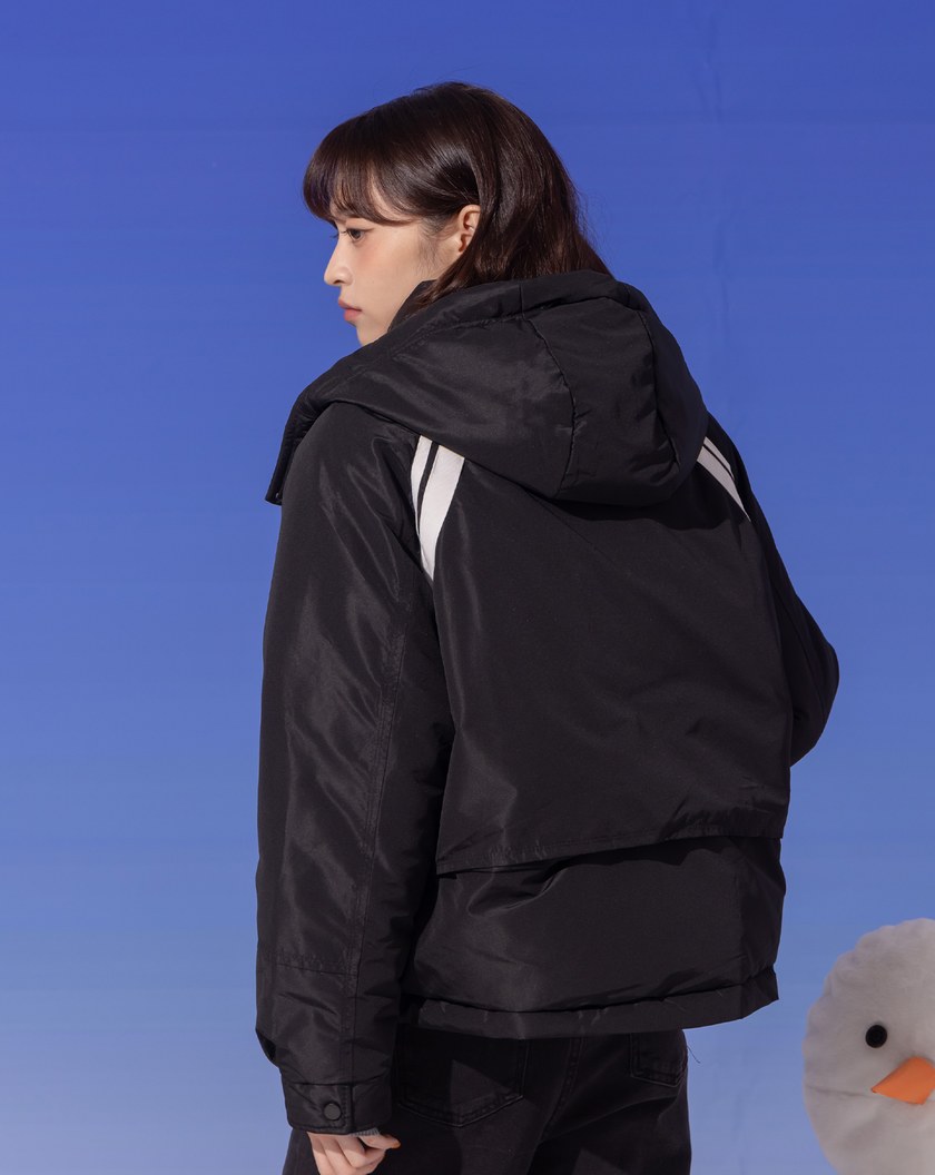 ➤運動風條紋織帶連帽鋪棉外套(兩色)