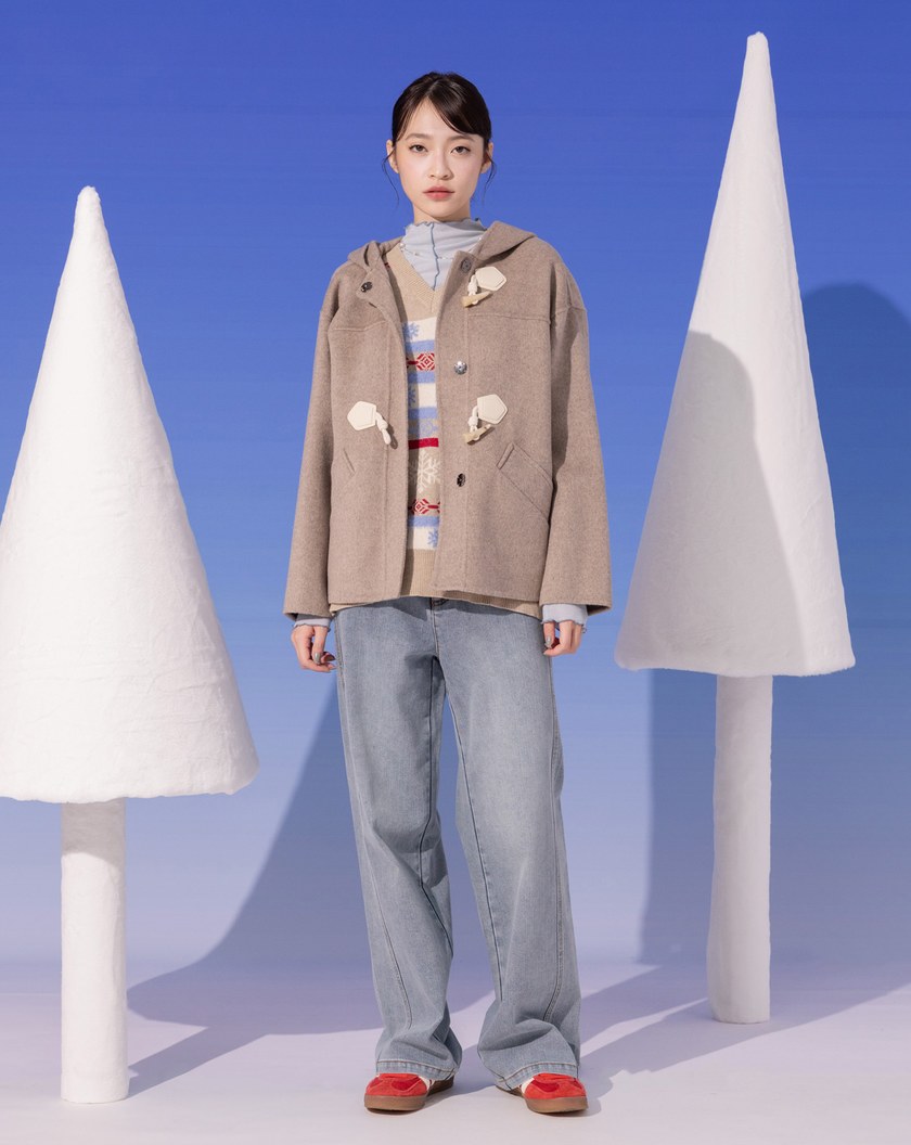 ➤造型牛角釦羊毛連帽短大衣