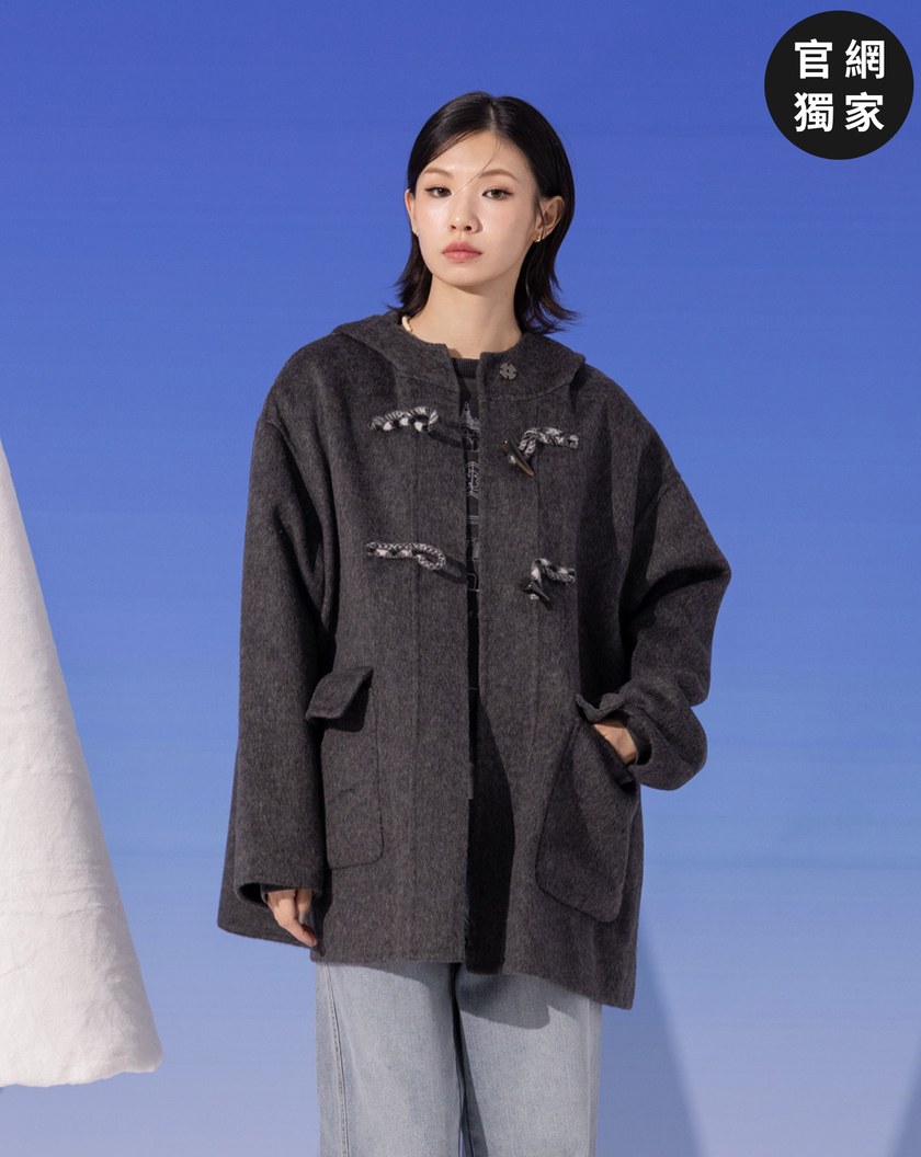 ➤緹花織帶牛角釦羊毛連帽短大衣(兩色)