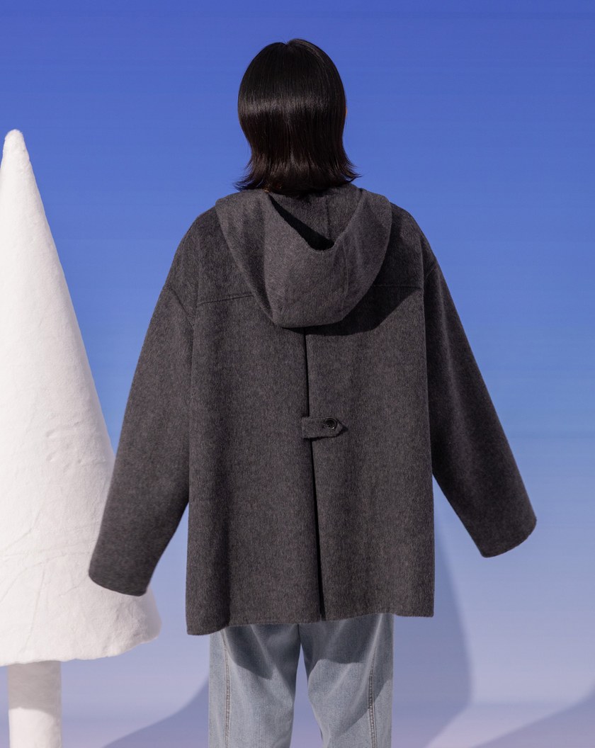 ➤緹花織帶牛角釦羊毛連帽短大衣(兩色)