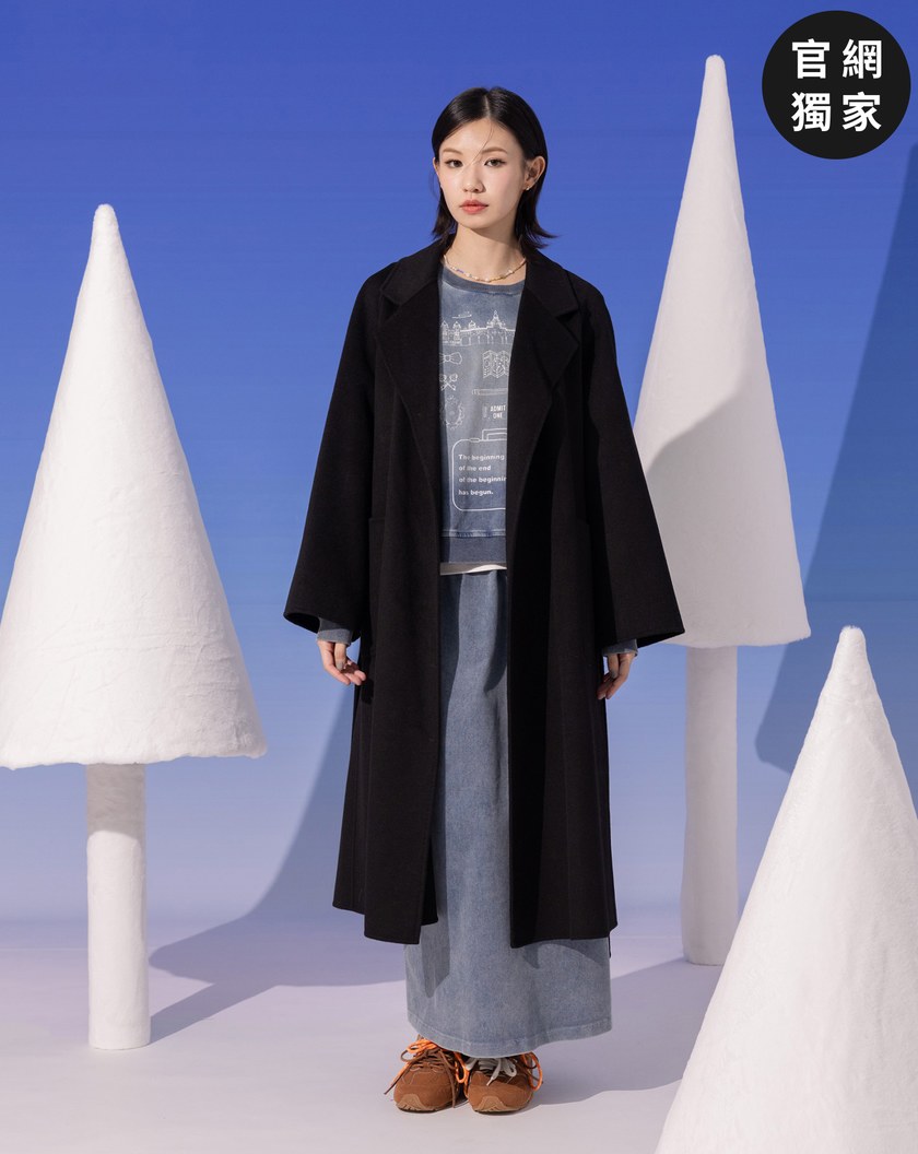 ➤翻領綁帶羊毛長大衣