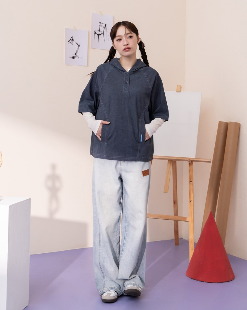 半開襟髒染連帽短袖襯衫(兩色)
