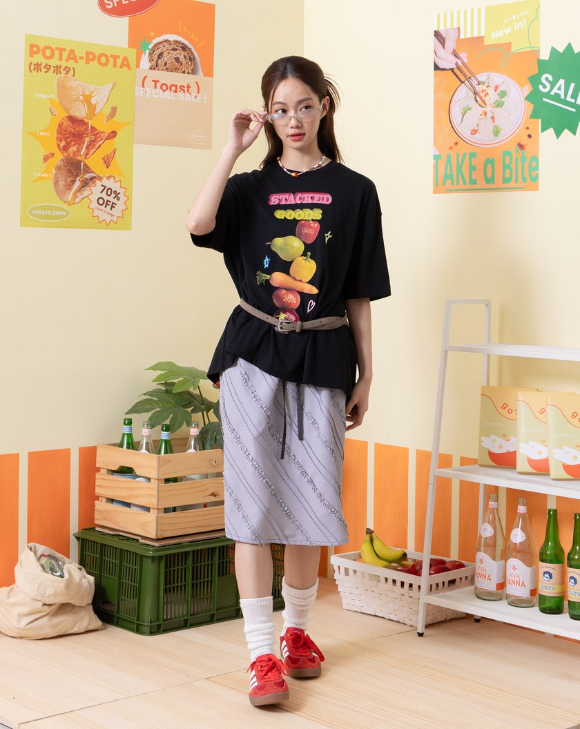 立體條紋花邊抽繩半身圓裙