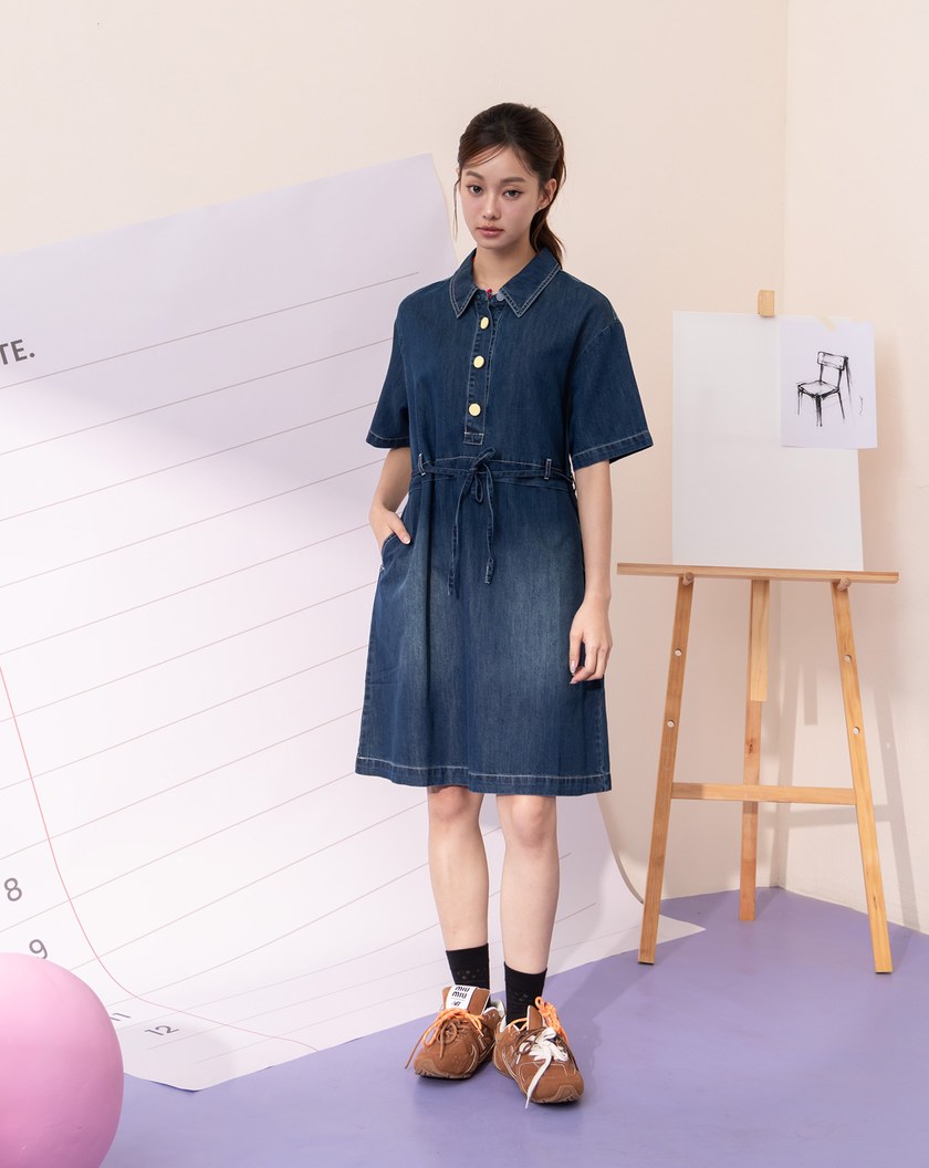 POLO領收腰天絲涼感牛仔洋裝