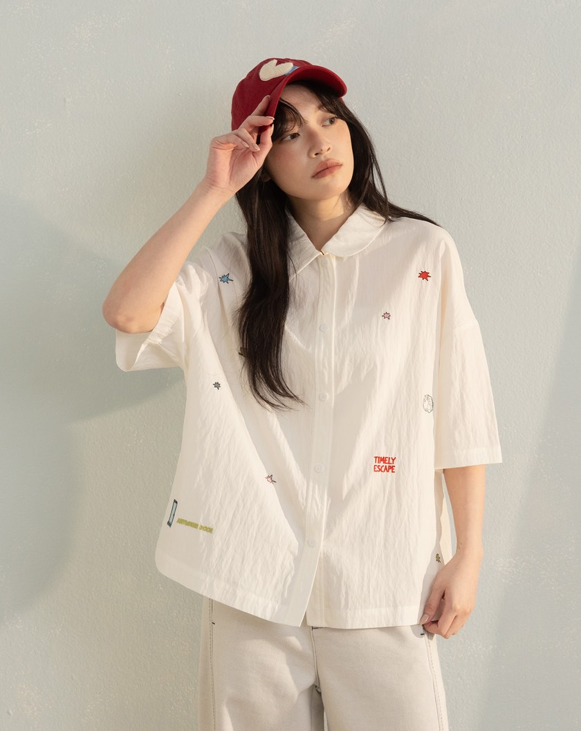 涼感不對稱領口造型短袖襯衫(兩色)