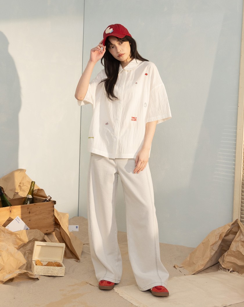 涼感不對稱領口造型短袖襯衫(兩色)