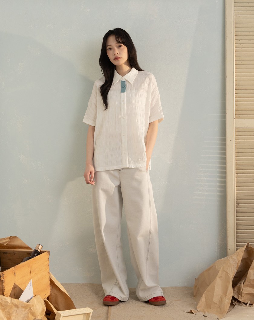 皺皺撞色門襟透氣連袖襯衫(兩色)