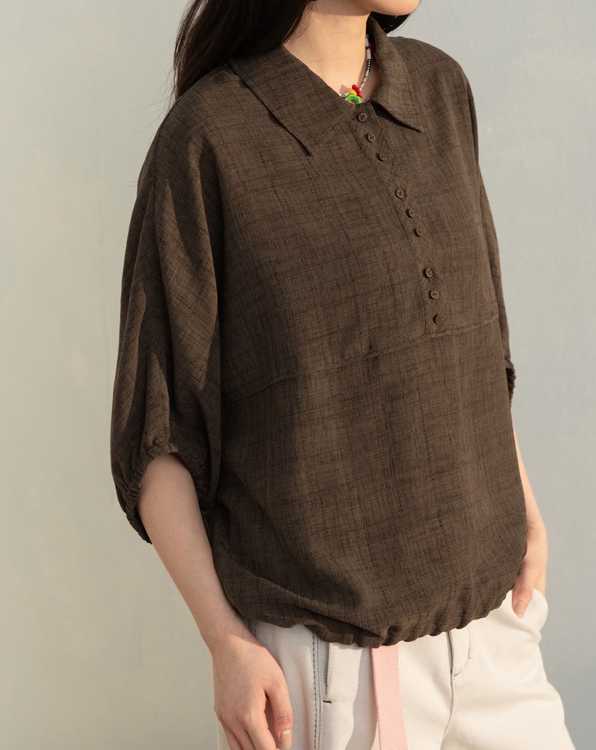 織紋弧形鬆緊連袖上衣(兩色)