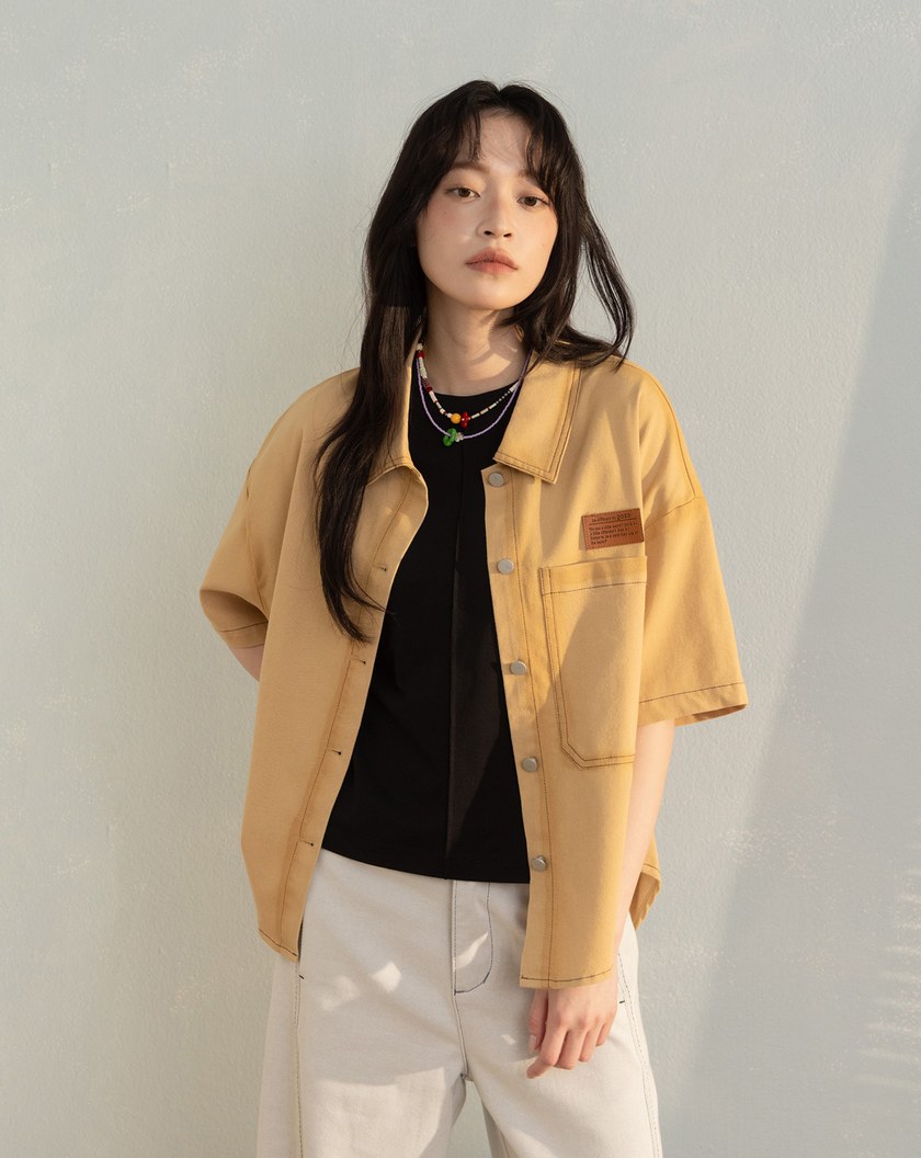 暈影水洗牛仔短袖襯衫(兩色)