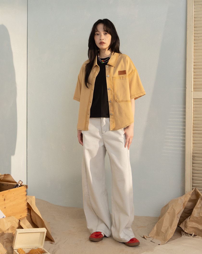 暈影水洗牛仔短袖襯衫(兩色)