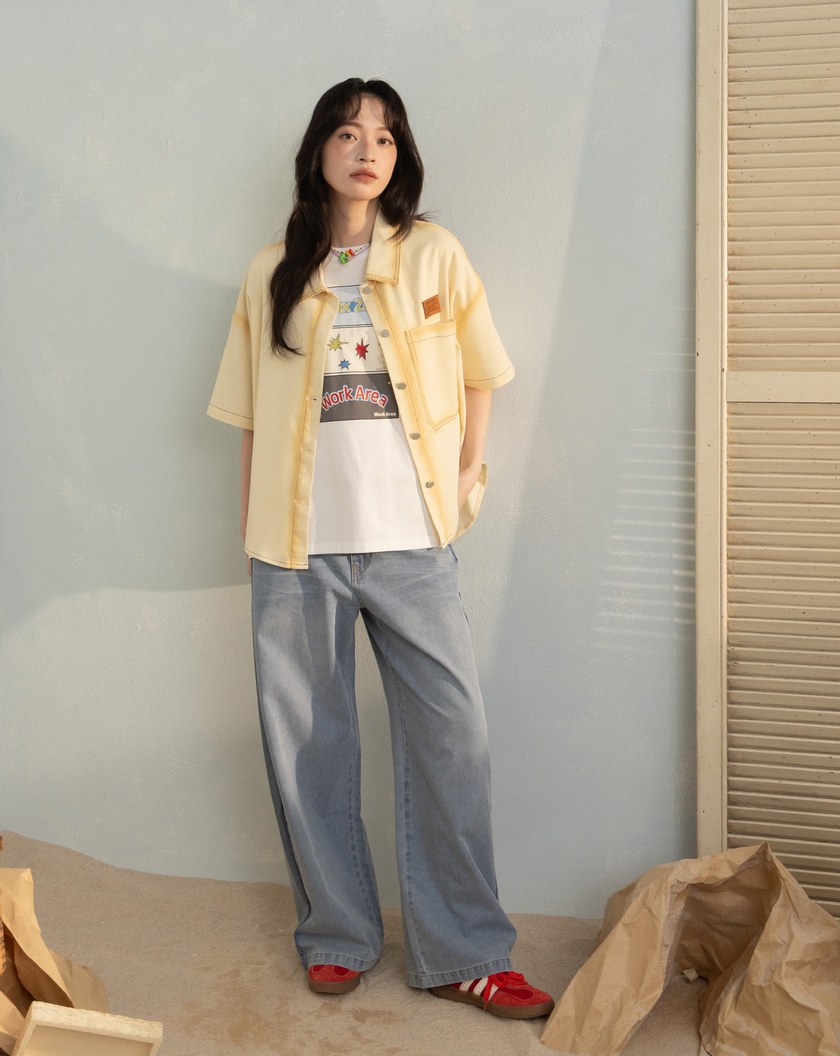 暈影水洗牛仔短袖襯衫(兩色)