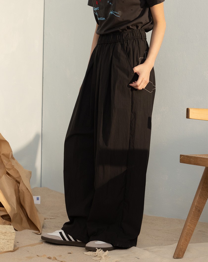 口袋框車線透氣鬆緊打褶寬褲(兩色)