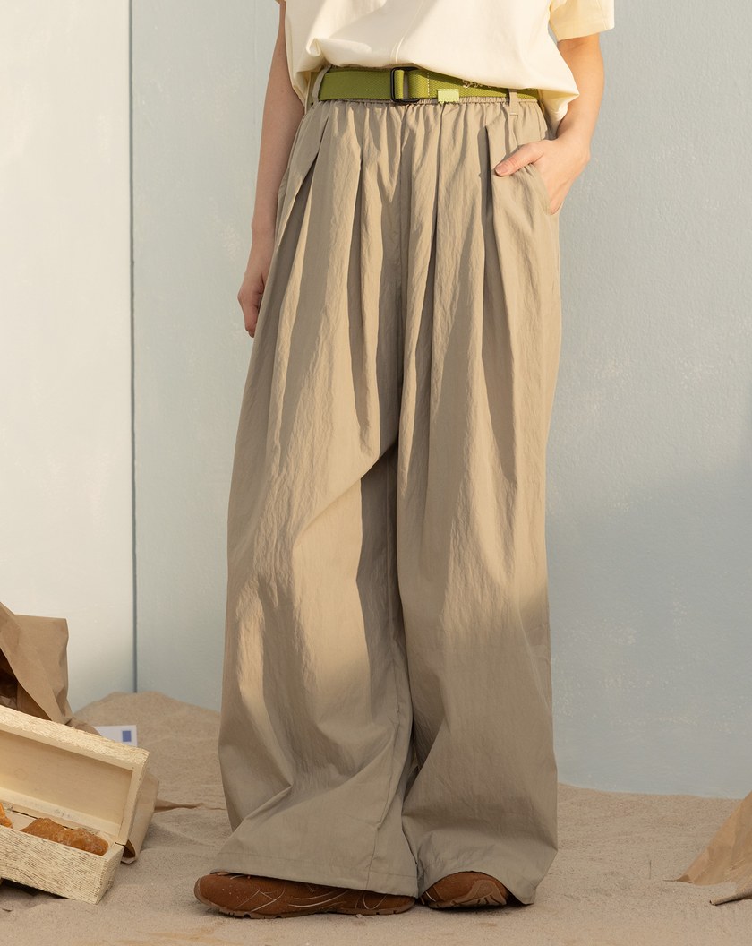 口袋框車線透氣鬆緊打褶寬褲(兩色)