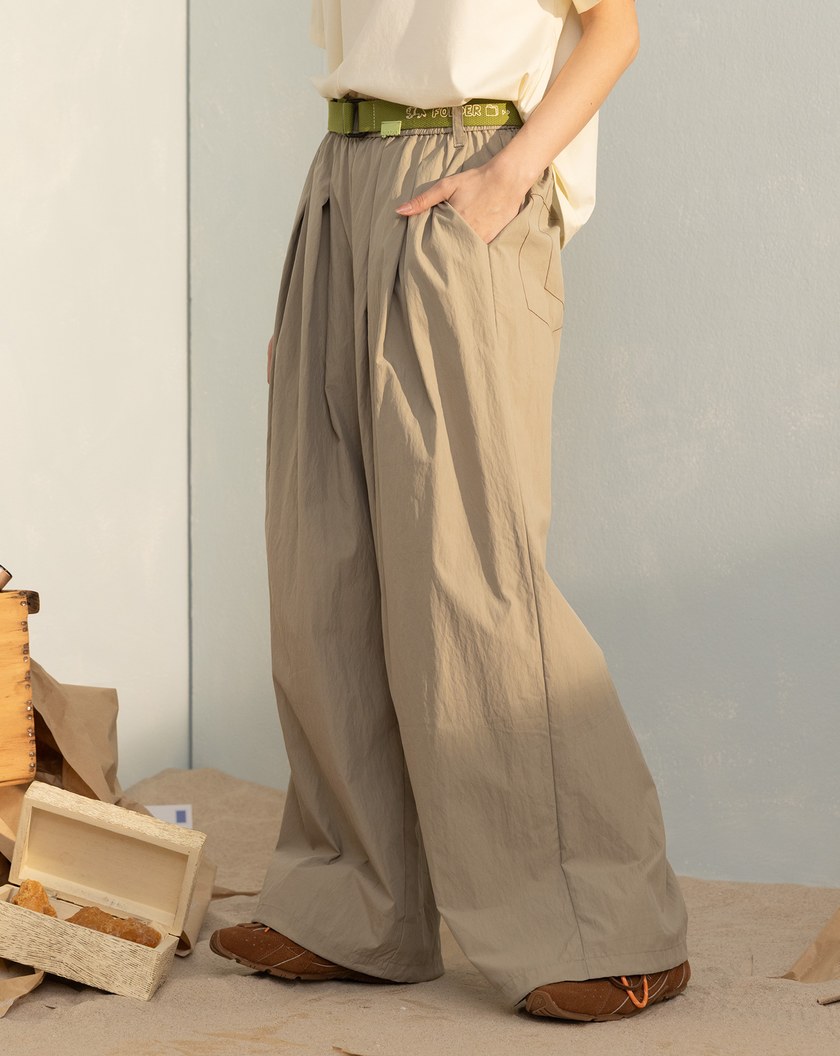 口袋框車線透氣鬆緊打褶寬褲(兩色)