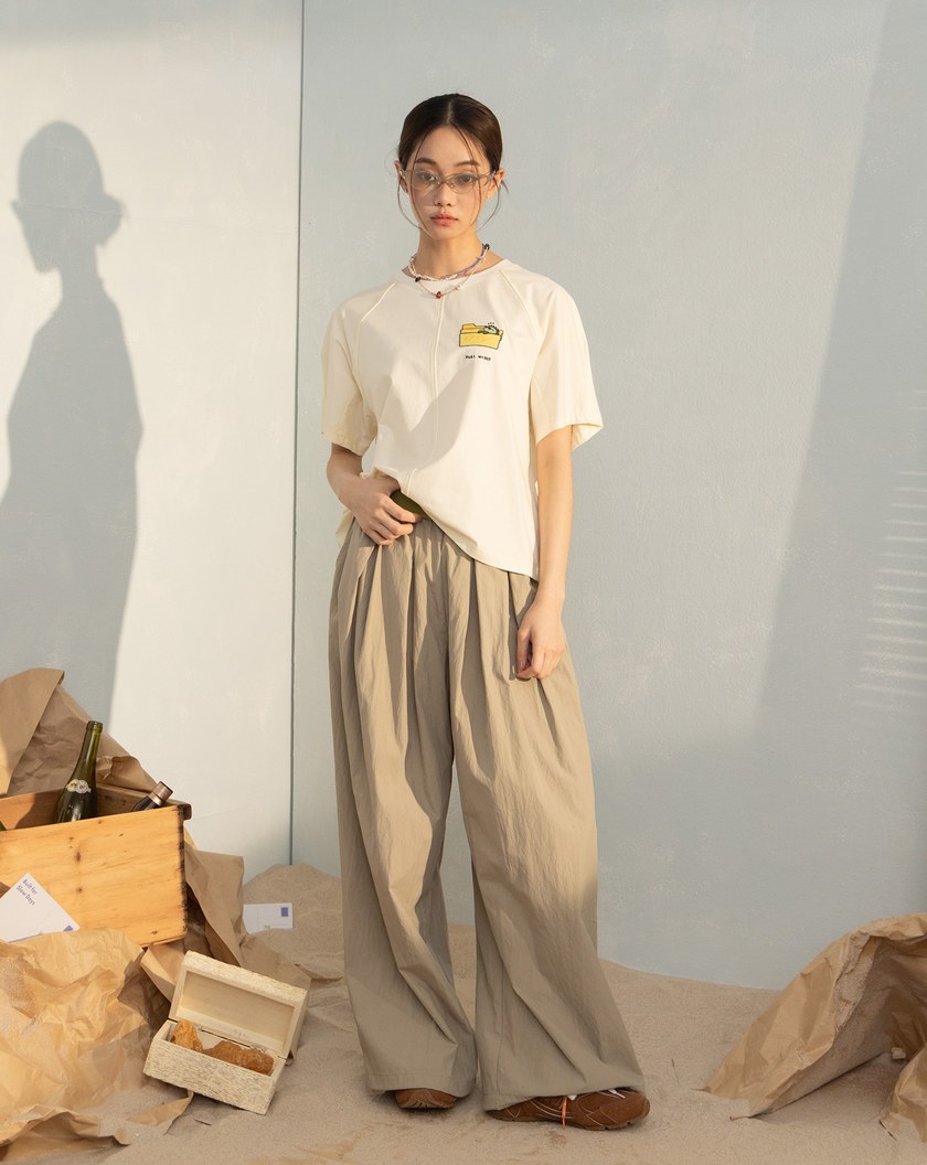 口袋框車線透氣鬆緊打褶寬褲(兩色)