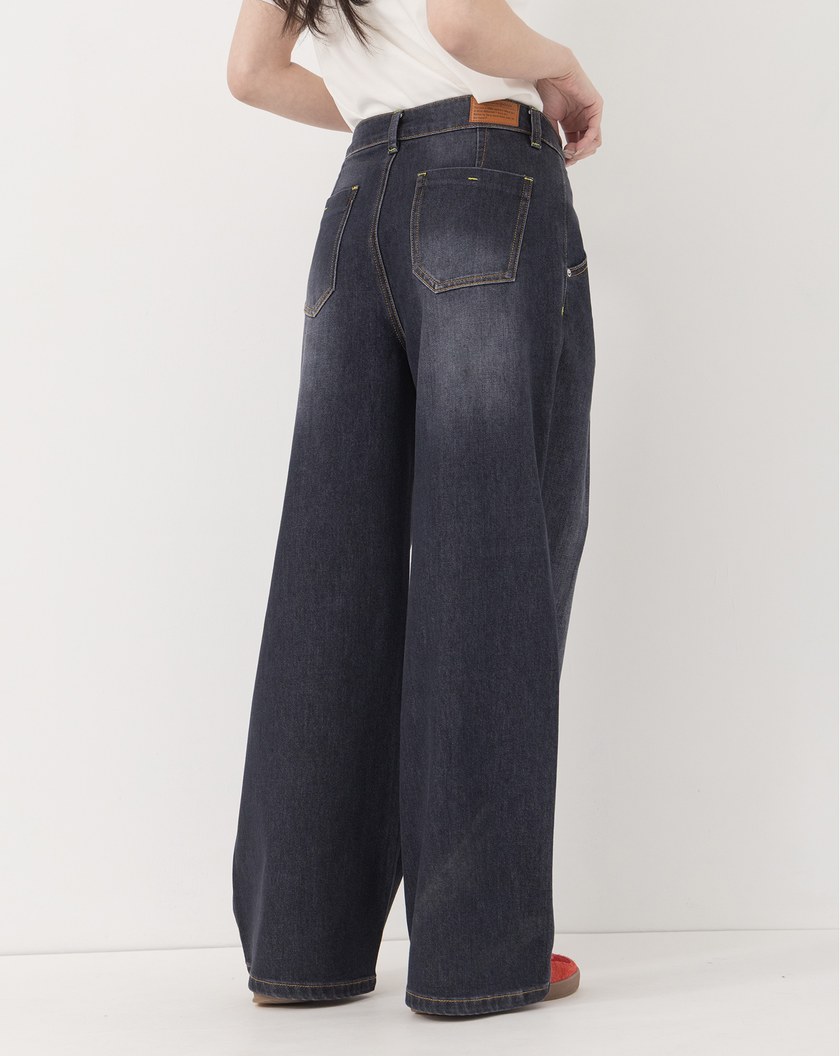 ◢3.0 零著感Q彈打褶牛仔寬褲(煙灰藍)