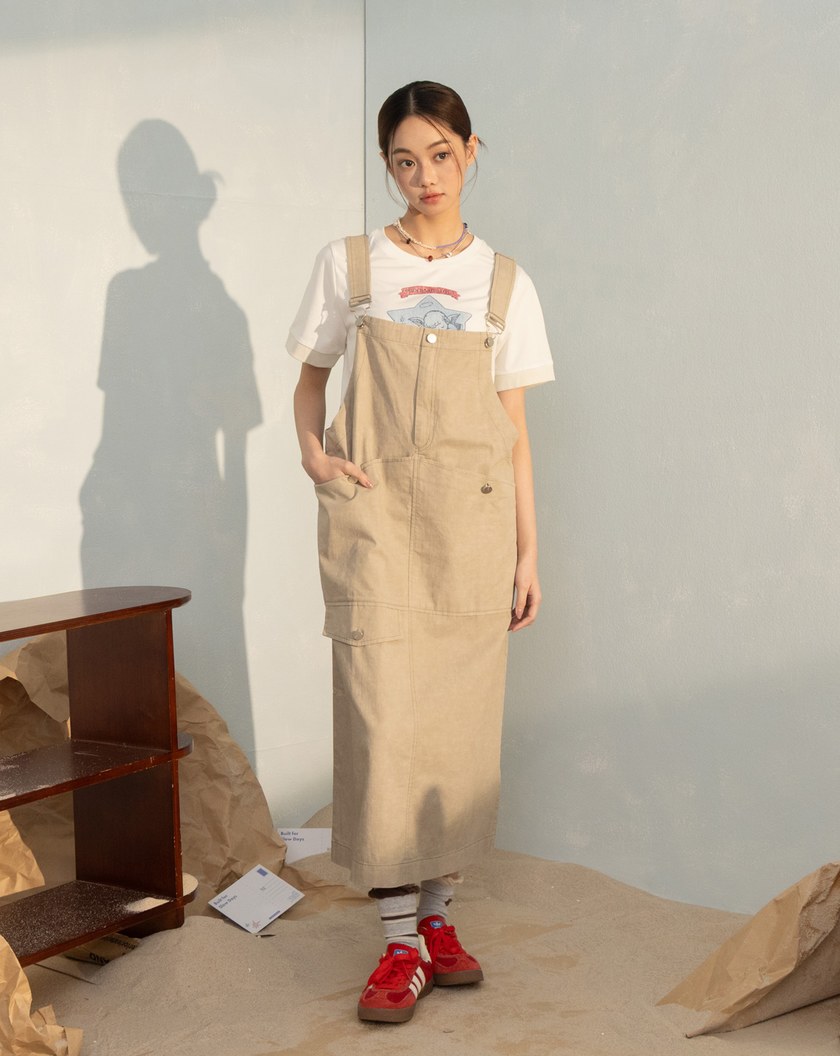 雲霧染壓線剪裁工裝吊帶裙(兩色)