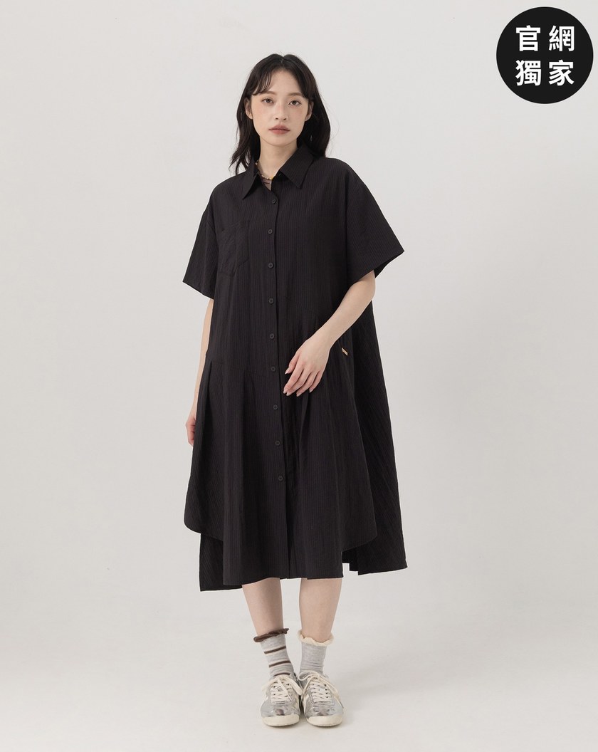 ➤細條紋不對稱打褶涼感襯衫洋裝(兩色)