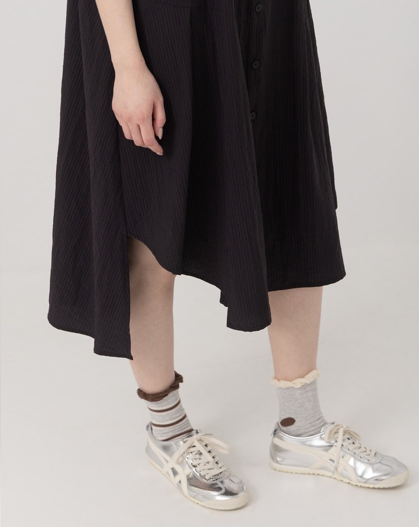 ➤細條紋不對稱打褶涼感襯衫洋裝(兩色)