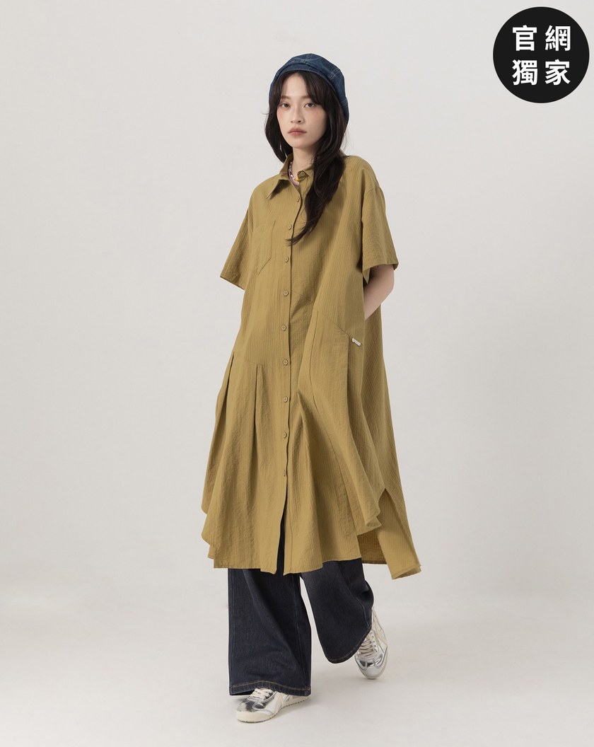 ➤細條紋不對稱打褶涼感襯衫洋裝(兩色)