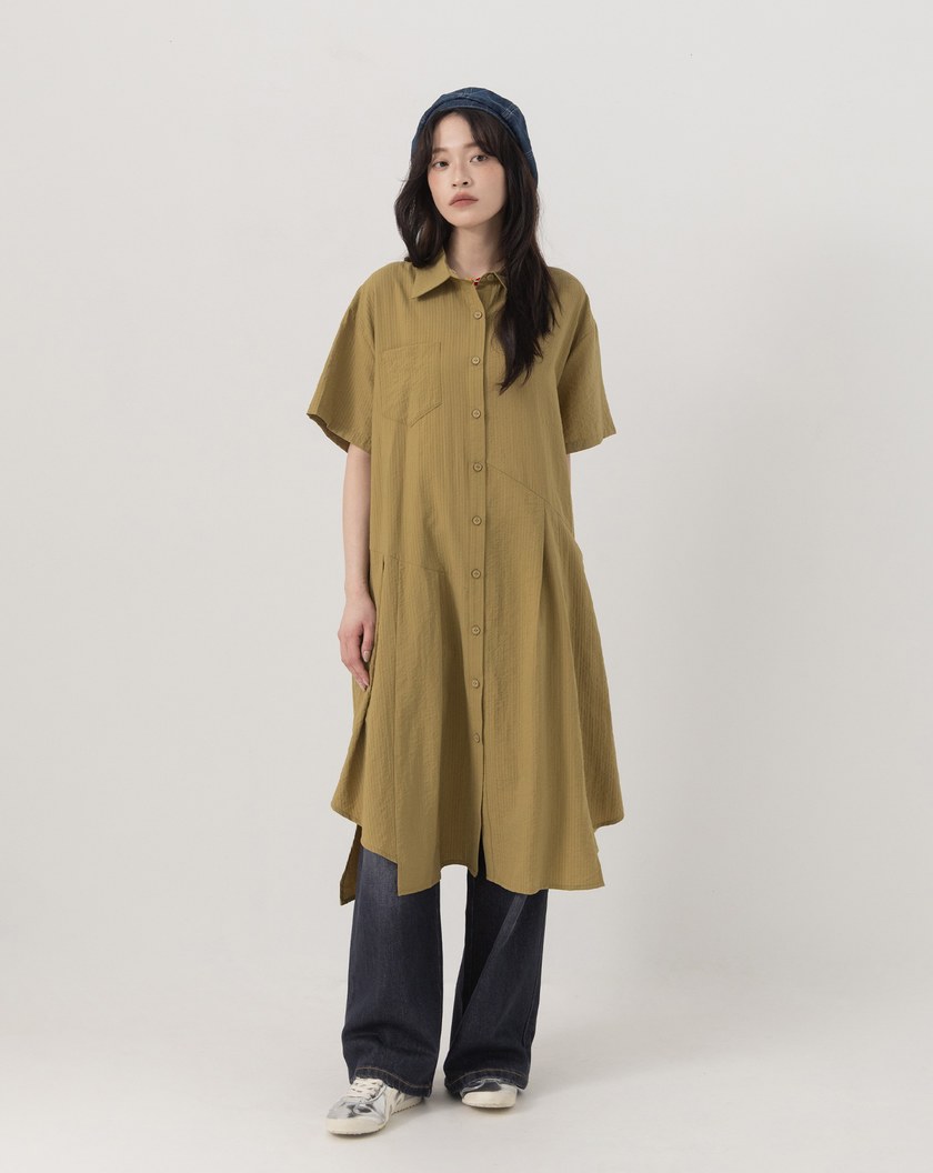 ➤細條紋不對稱打褶涼感襯衫洋裝(兩色)