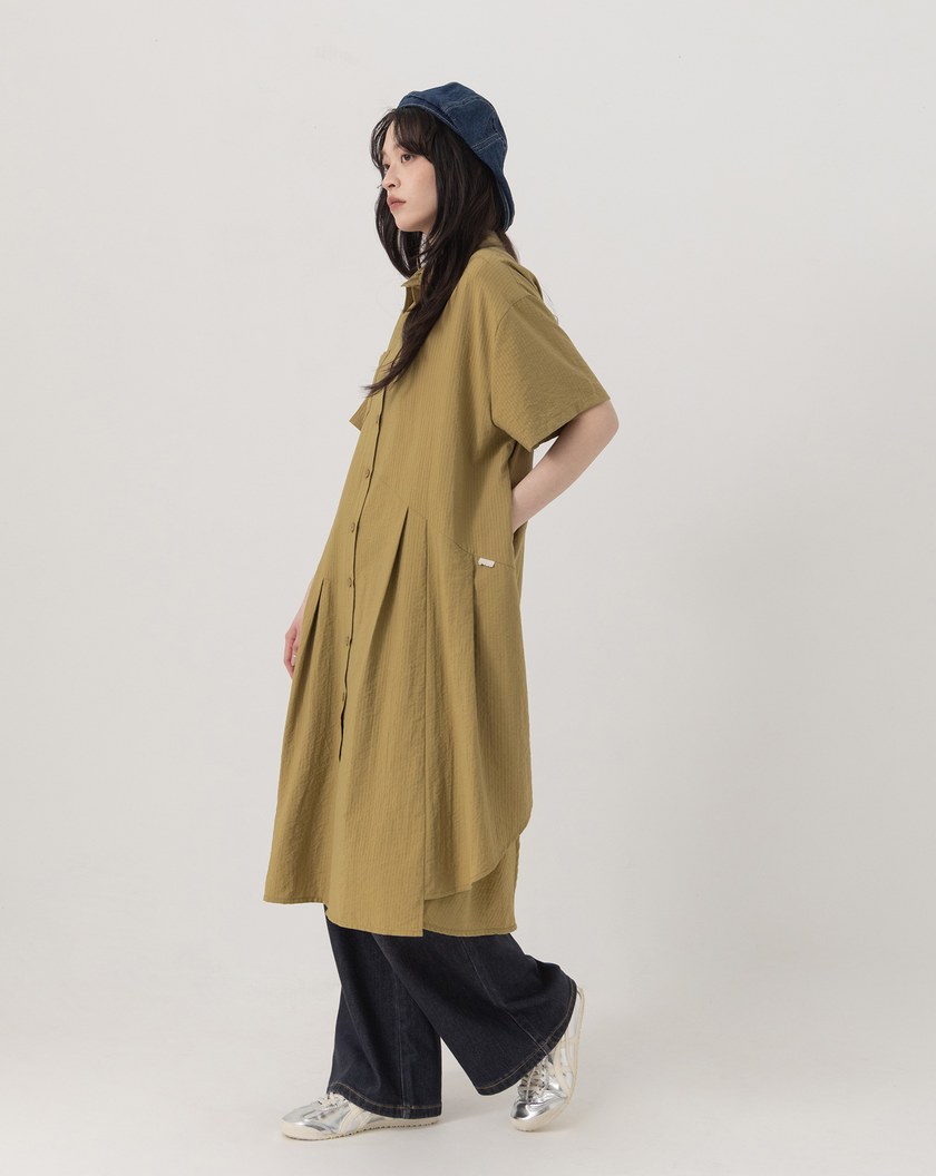 ➤細條紋不對稱打褶涼感襯衫洋裝(兩色)