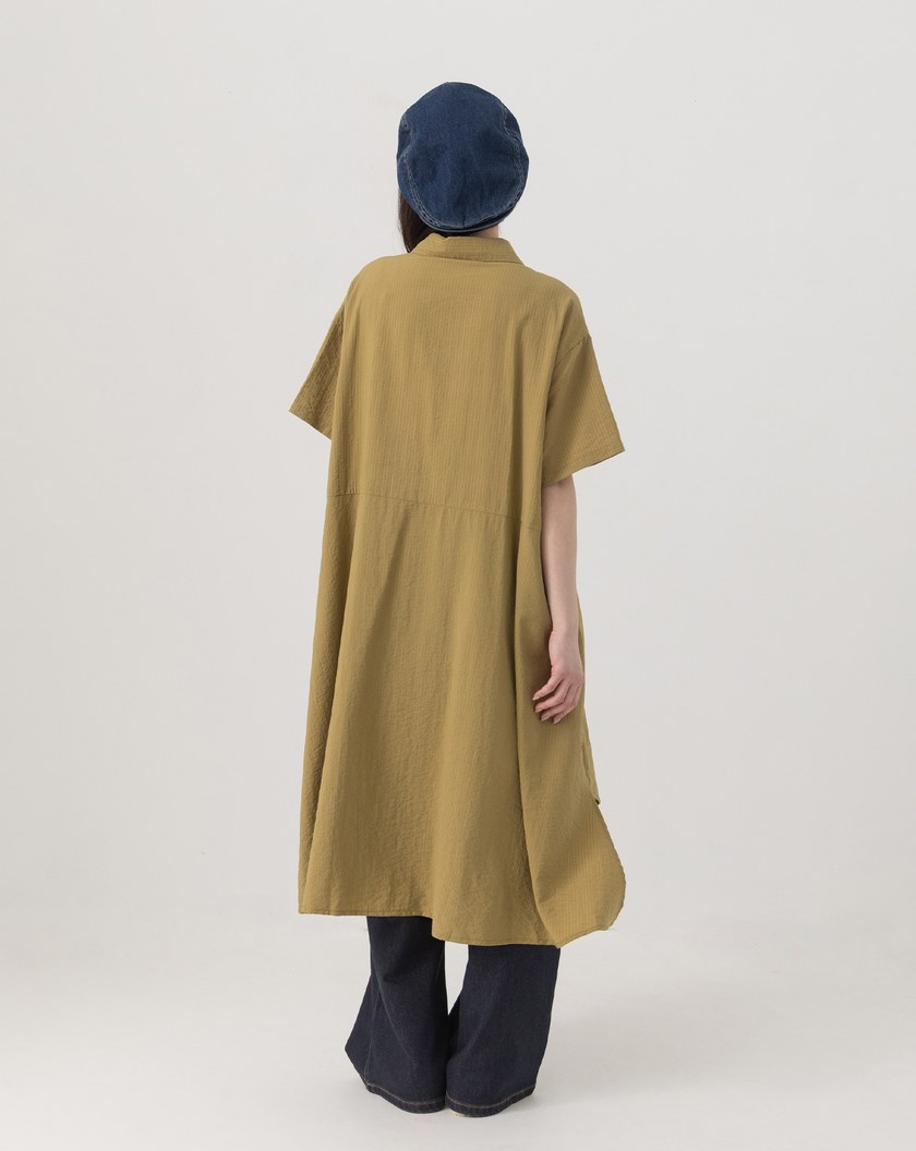 ➤細條紋不對稱打褶涼感襯衫洋裝(兩色)