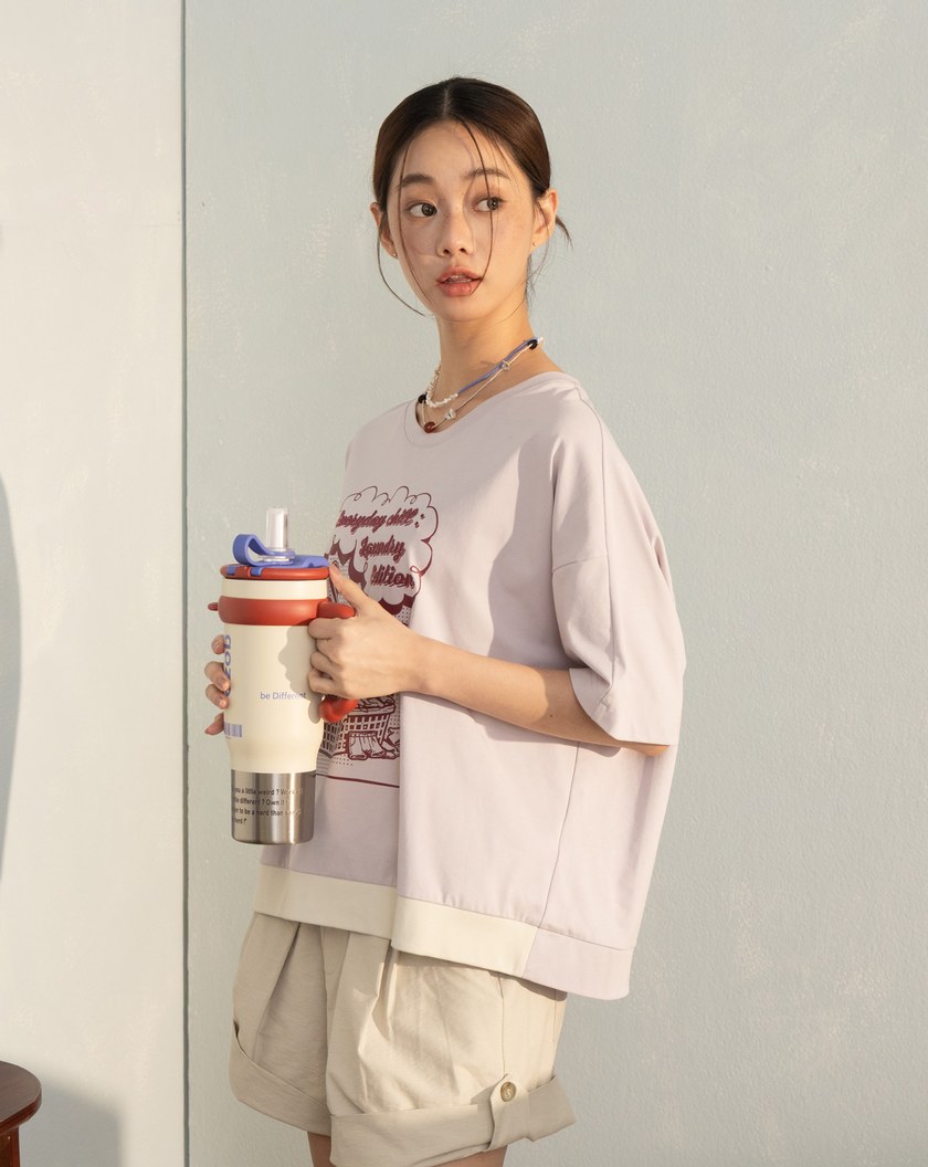 洗衣籃滑雪場下擺拼色天絲T恤(兩色)