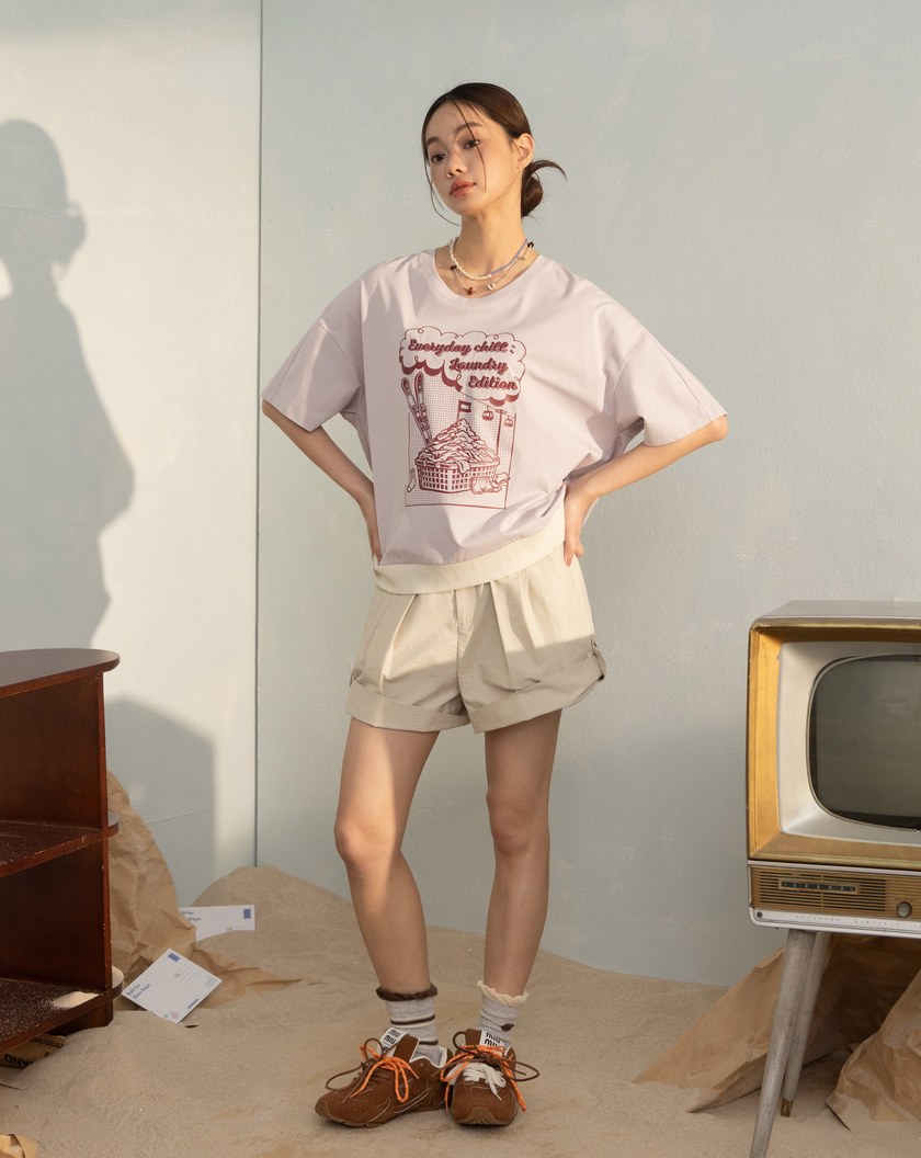 洗衣籃滑雪場下擺拼色天絲T恤(兩色)