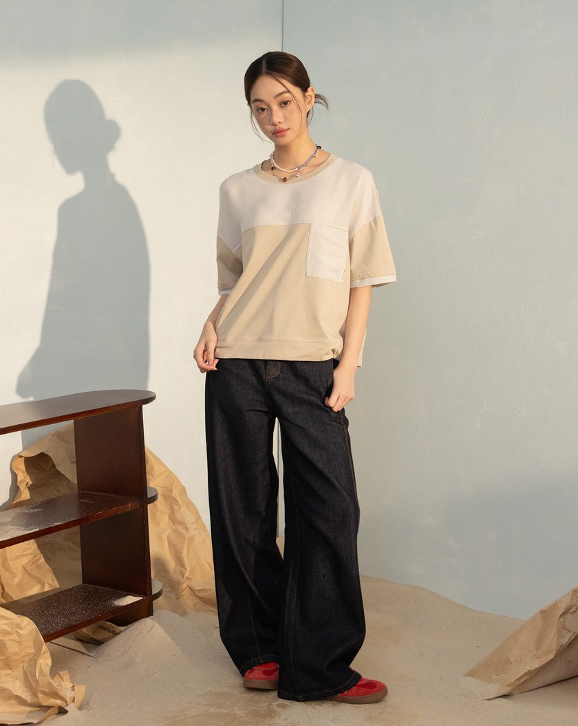 異材質拼接口袋造型涼感T恤(兩色)