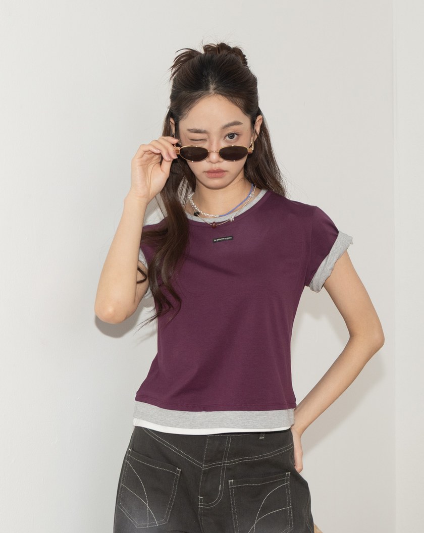 A｜袖口捲邊假兩件合身涼感T恤(兩色)