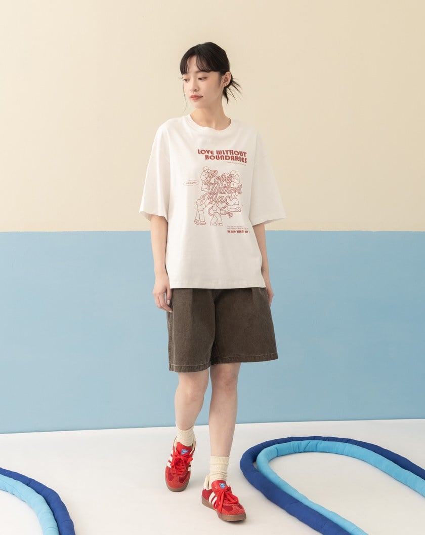 ➤│好事計劃│無限連心柔膚落肩T恤(米白)