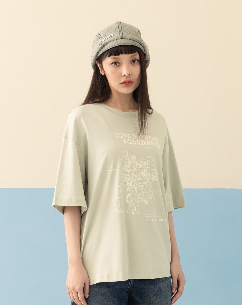 ➤│好事計劃│無限連心柔膚落肩T恤(淺綠)