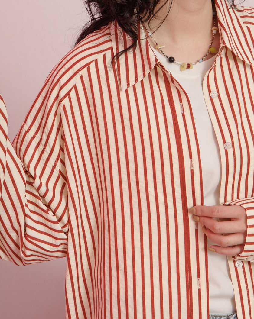 條紋寬鬆落肩長袖襯衫(兩色)