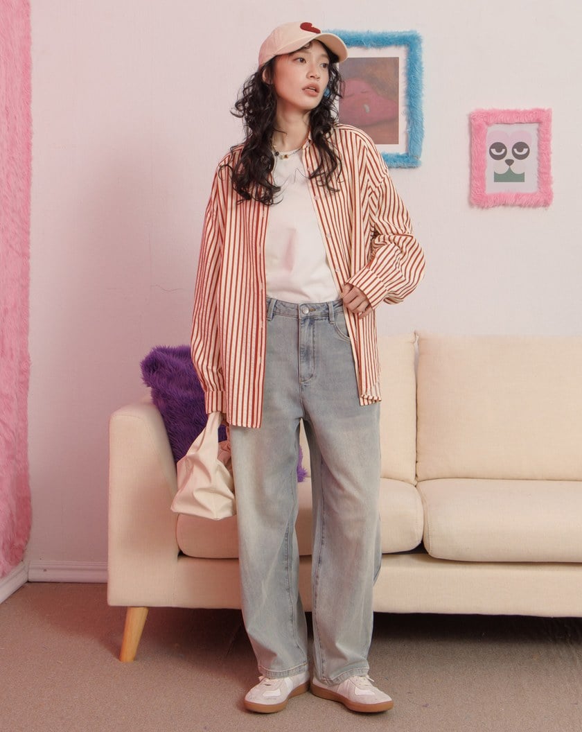 條紋寬鬆落肩長袖襯衫(兩色)