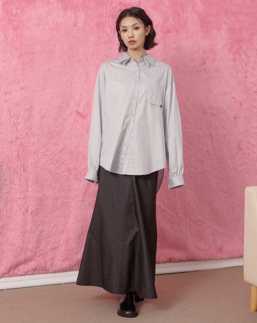 假兩層領落肩純棉長袖襯衫(兩色)