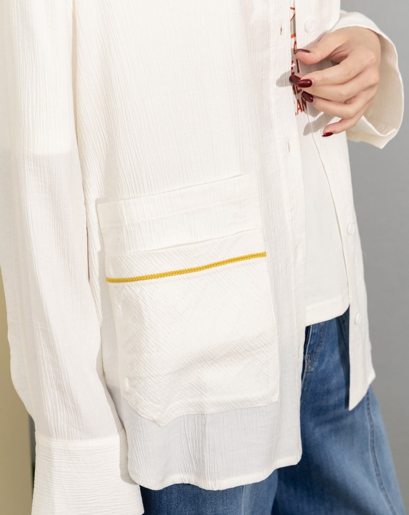 撞色滾邊造型口袋長袖襯衫(兩色)