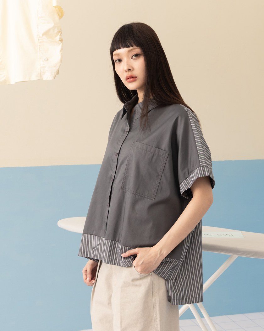 抗皺條紋拼接短袖襯衫(兩色)